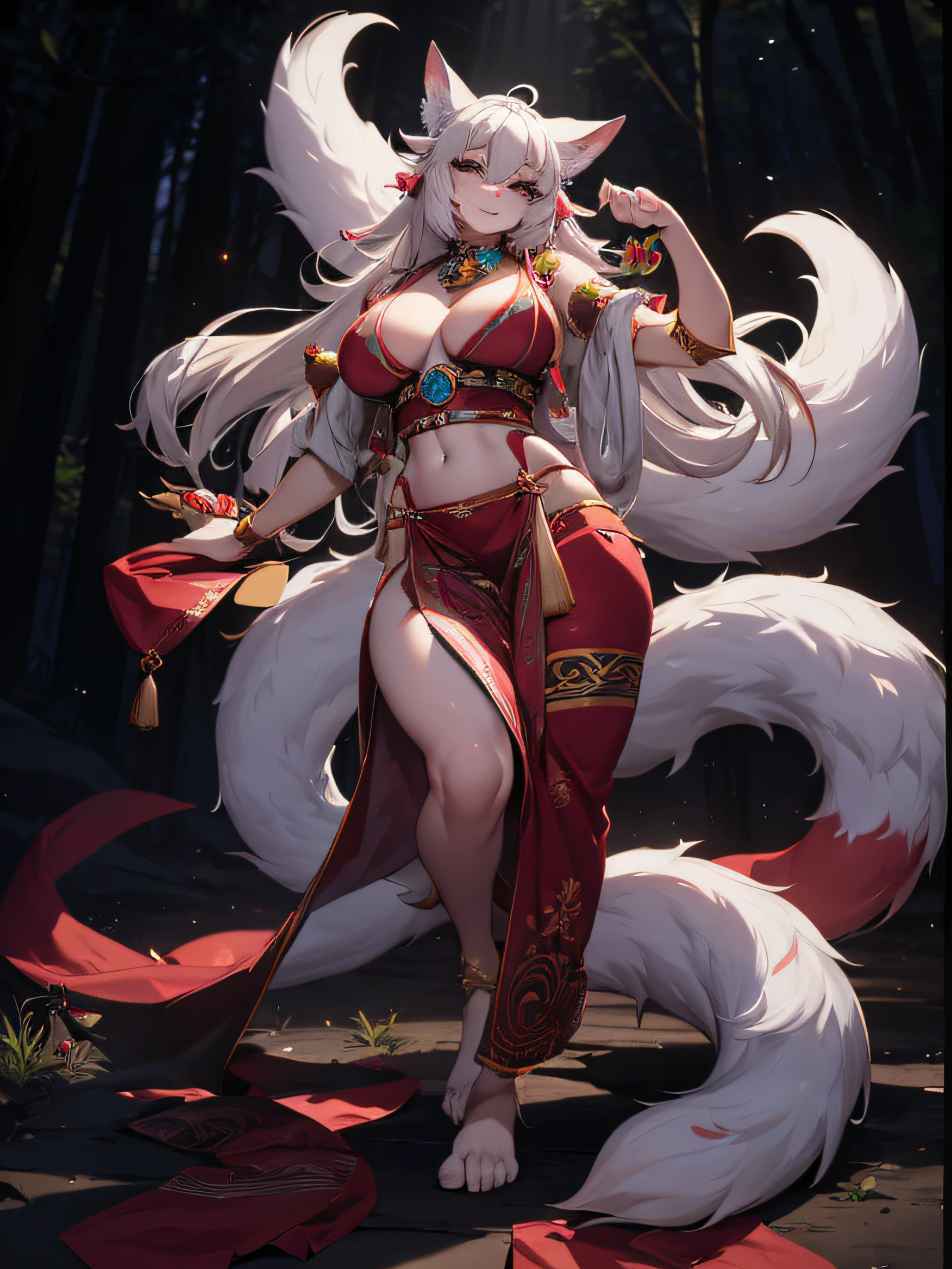 (Best quality),4K,Noble female nine-tailed white fox,furry ears and hands and feet,long leges,The expression is fascinating,Wear tribal clothing,forest backgrou,orc race,Pink Long Hair