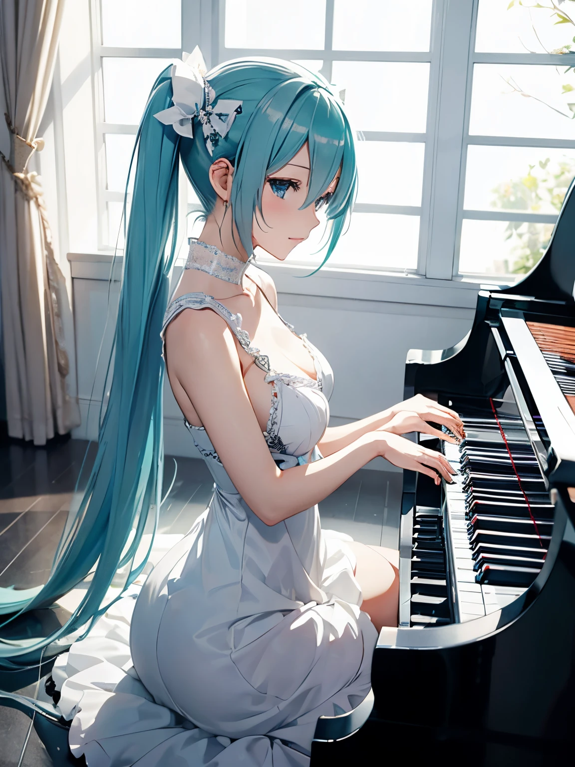 miku hatsune,pure white dress,playing piano,Beautiful breasts