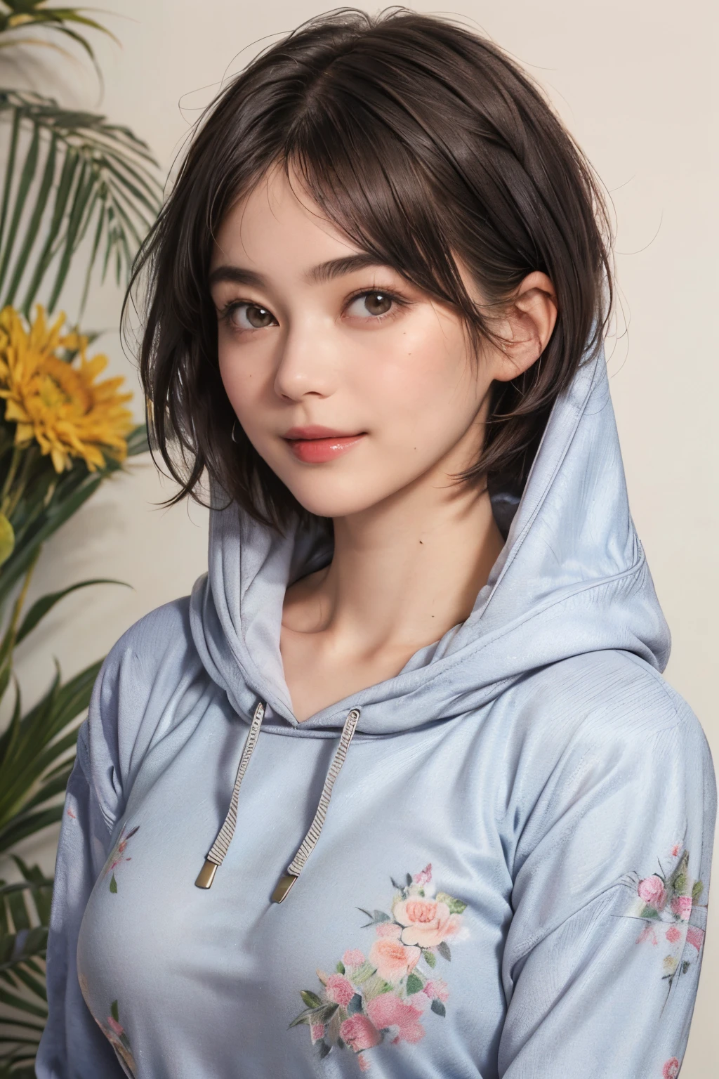 132
(a 20 yo woman,Wearing sportswear), (A hyper-realistic), (high-level image quality), ((beautiful hairstyle 46)), ((short-hair:1.46)), (Gentle smile), (breasted:1.46), (lipsticks), (Large room), (florals), (wearing hoodies)