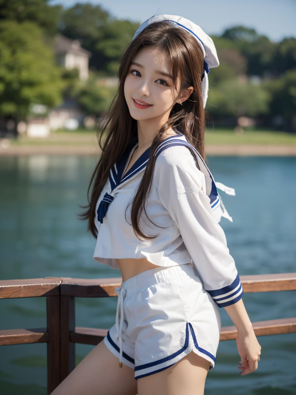 ((((top-quality))))、(((Ultra Precision CG16K Wallpapers)))、(((masterpiece)))、(((ultra-detailliert)))、(((Ultra-extreme details)))、1Man Woman、a matural female、a 25yo woman、((Korean Face))、((extremely beautiful face))、((K-pop idol、WONYOUNG:1.5))、((Straight semi-long hair:1.3))、(shinny hair)、Bangs up to the eyebrows、Beautiful brown hair、Beautiful delicate eyes、Brown eyes、raised eyebrows、lofty nose、small nostrils、Small mouth、seductive lips、slightly open mouth、Beautiful breasts、C-cup size breasts、cleavage of the breast、Plump body、perfectly proportions、perfect anatomia、perfect-composition、beautiful detailed shading、Beautiful natural lighting、Beautiful detail glow、depth of fields、(((a high chroma)))、(((realisitic:1.9)))、((Vivid:1.4))、((Beautiful skin))、((Skin texture))、((Realistic skin feeling))、(((Head-to-thigh shot:1.5)))、((Frontal angle:1.5))、((a smile:1.4))、(Eyes looking at me)、Bright sunshine、(((Standing by the lake:1.5)))、(standing pose)、(((Wearing white sailor suit:1.6)))、(((wearing shorts:1.6)))、