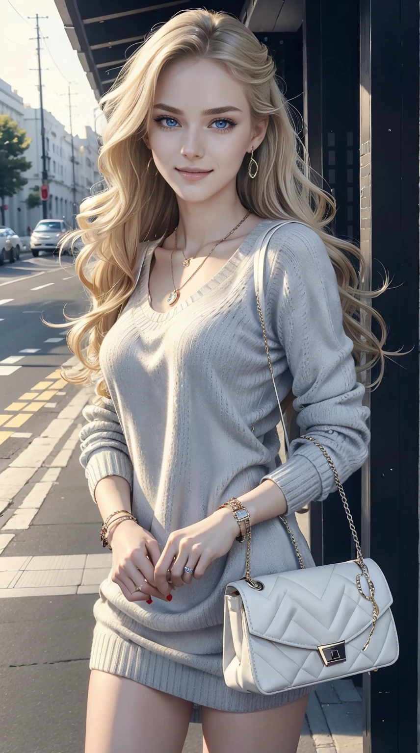25-year-old Caucasian woman、ash blonde、blue eyess、Semi-long、setting hair、Hair is up、My hair is wavy、Slender but thin macho、accessories on the wrist、wearing a chain necklace、Beautiful breasts、a smile、Wearing a sweater dress、Holding a handbag in his hand