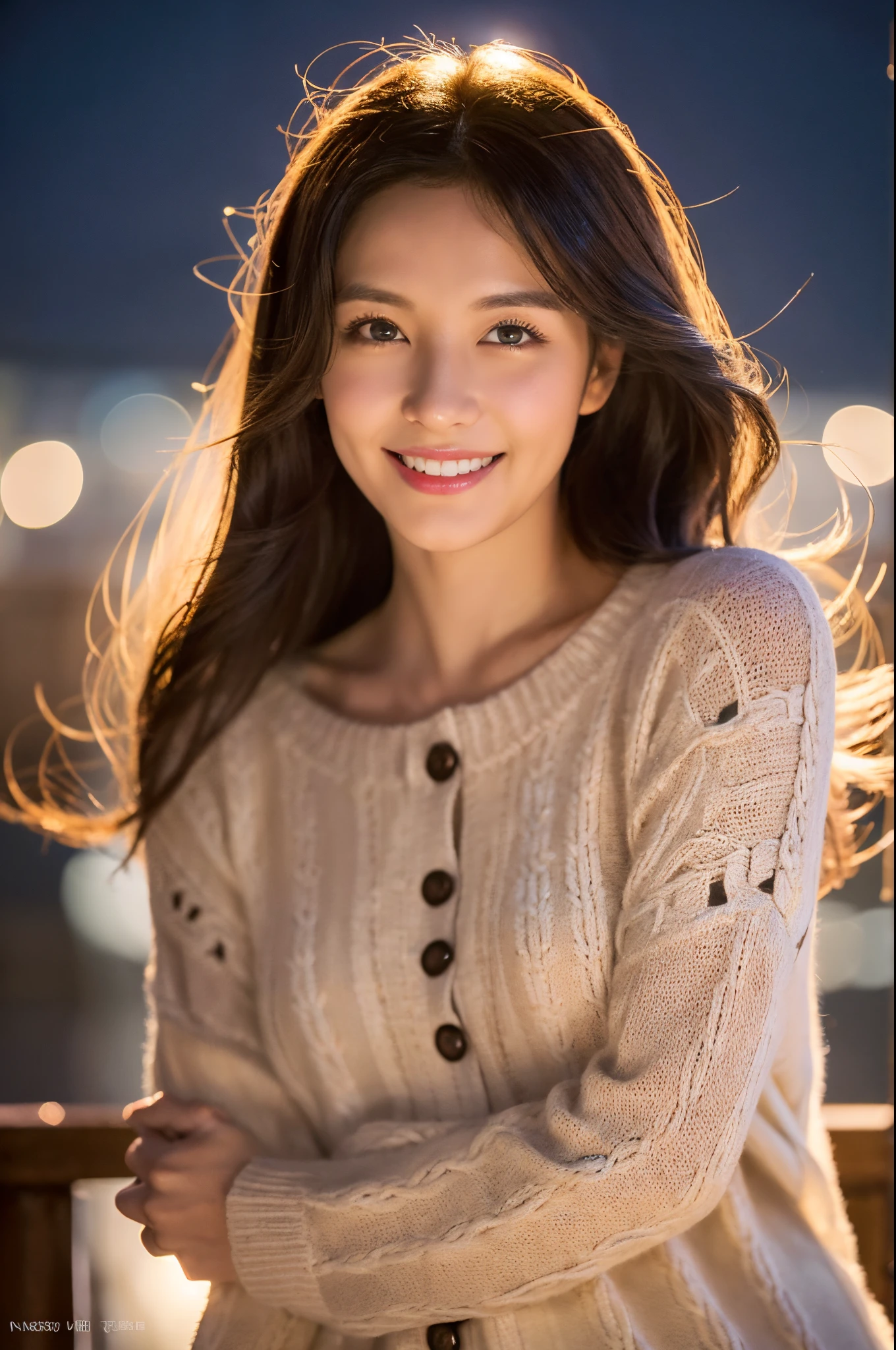 ulzzang -6500-v1.1, (Raw photo:1.2), (Photorealsitic), beautiful detailed women, (Real: 1.4), extremely detailed eye and face, beatiful detailed eyes, ((A very beautiful illumination square at night:1.5)), (( midwinter sweater:1.3, Ultra-realistic pantyhose:1.2))、selfee、Instagram、game_nffsw, huge filesize, hight resolution, ighly detailed, top-quality, [​masterpiece:1.6], illustratio, ighly detailed, nffsw, finely detail, top-quality, 8k wallpaper, Cinematographic lighting, 1womanl, 25-years old, perfect body type, cute droopy eyes beautiful big eyes、Pieckfinger, ((masutepiece)), Best Quality, 1womanl, eye shadow,  Portrait, ((FULL BODYSHOT:1.4))、(Very affectionate smile:1.2)、realistic skin textures、shinny skin、Exposed thighs!!!