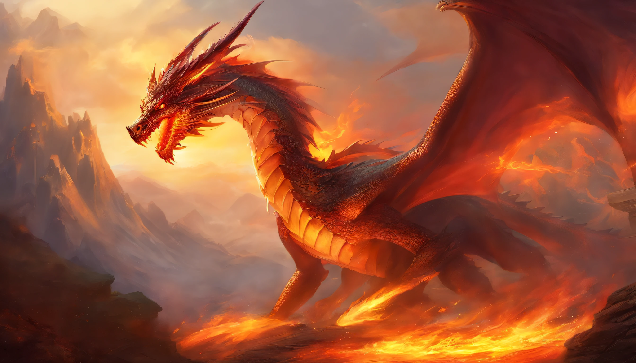 Fire Dragon , Dragon is breathing fire , breasts, tail, Wings, sharpteeth, Horns