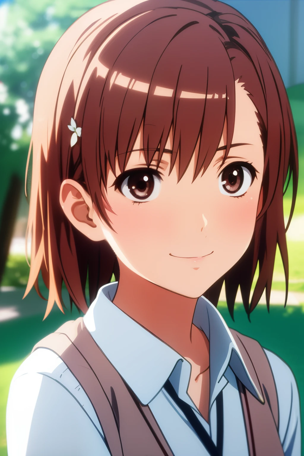 ​masterpiece, top-quality, Misaka_mikoto, Brown-eyed, Short hair, tiny chest, 独奏, Closed mouth, Collared shirt, School uniform, The shirt, White shirt, white flower ornament in hair, ‎Classroom, His arms folded, close up of face, (Realistic), (Photorealistic), 1girl in, Smile, Looking at Viewer, Smile, extreme close - up