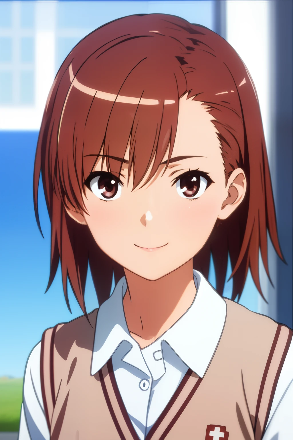 ​masterpiece, top-quality, Misaka_mikoto, Brown-eyed, Short hair, tiny chest, 独奏, Closed mouth, Collared shirt, School uniform, The shirt, White shirt, ‎Classroom, His arms folded, close up of face, (Realistic), (Photorealistic), 1girl in, Smile, Looking at Viewer, Smile, extreme close - up