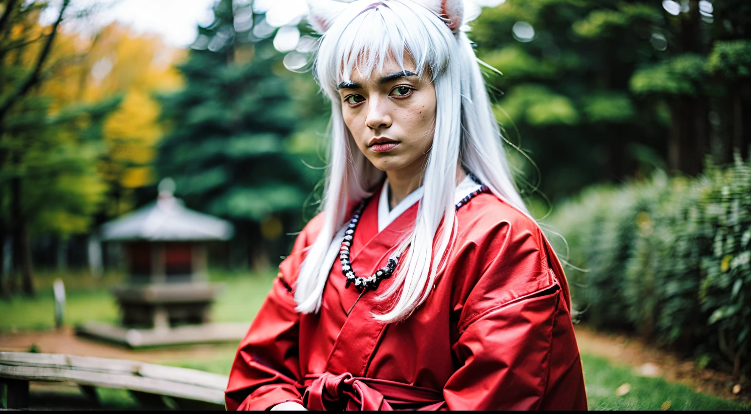 inuyasha, upper body, japanese forest with a shrine in the background, daytime, standing, detailed eyes, detailed face, handsome, ((young)), good looking, ((15 years old)), ((yellow eyes)), close up