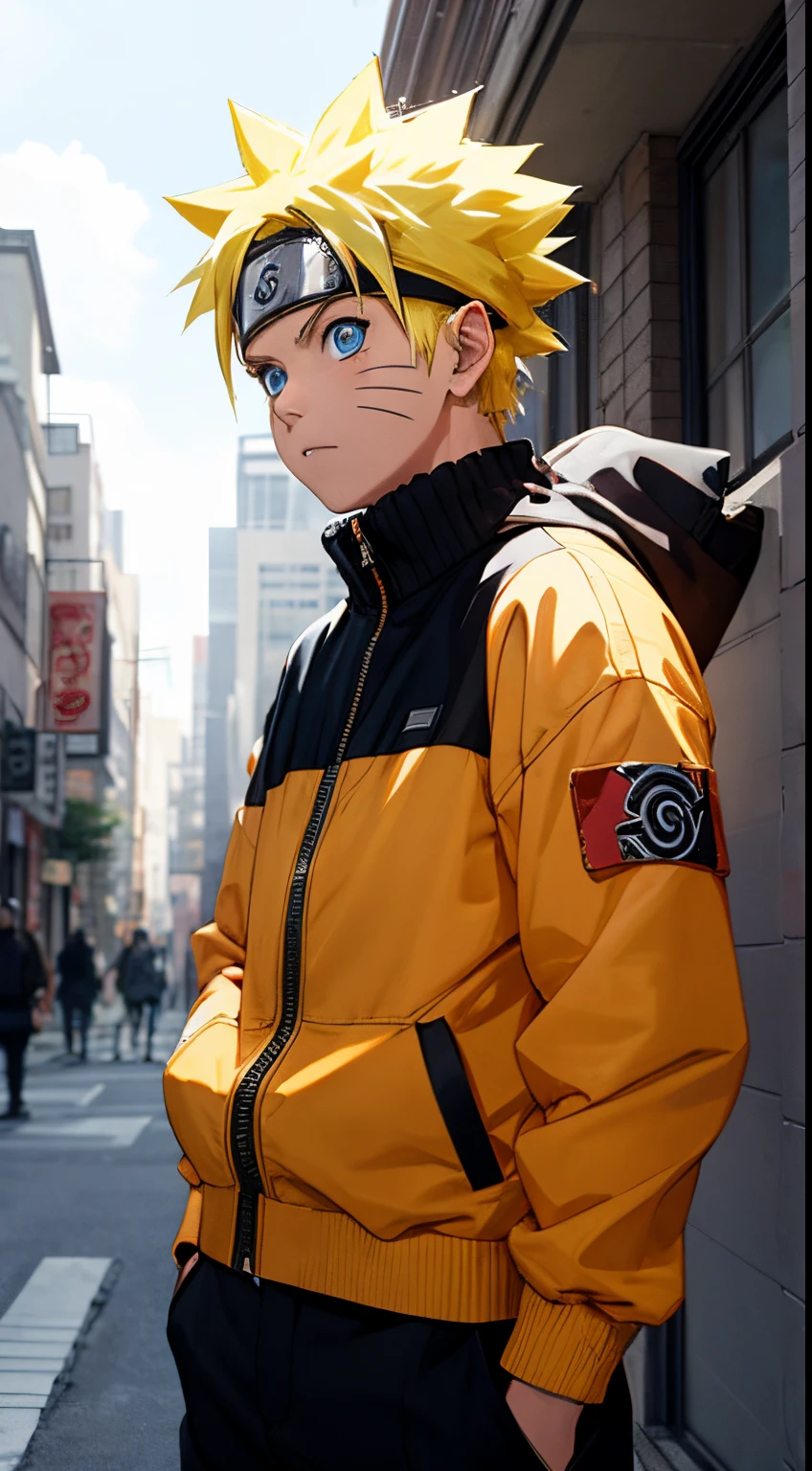 Masterpiece, Superb Style, streewear chothes, Outdoor, half Body, Uzumaki Naruto, blue eyes, short yellow hair,a boy