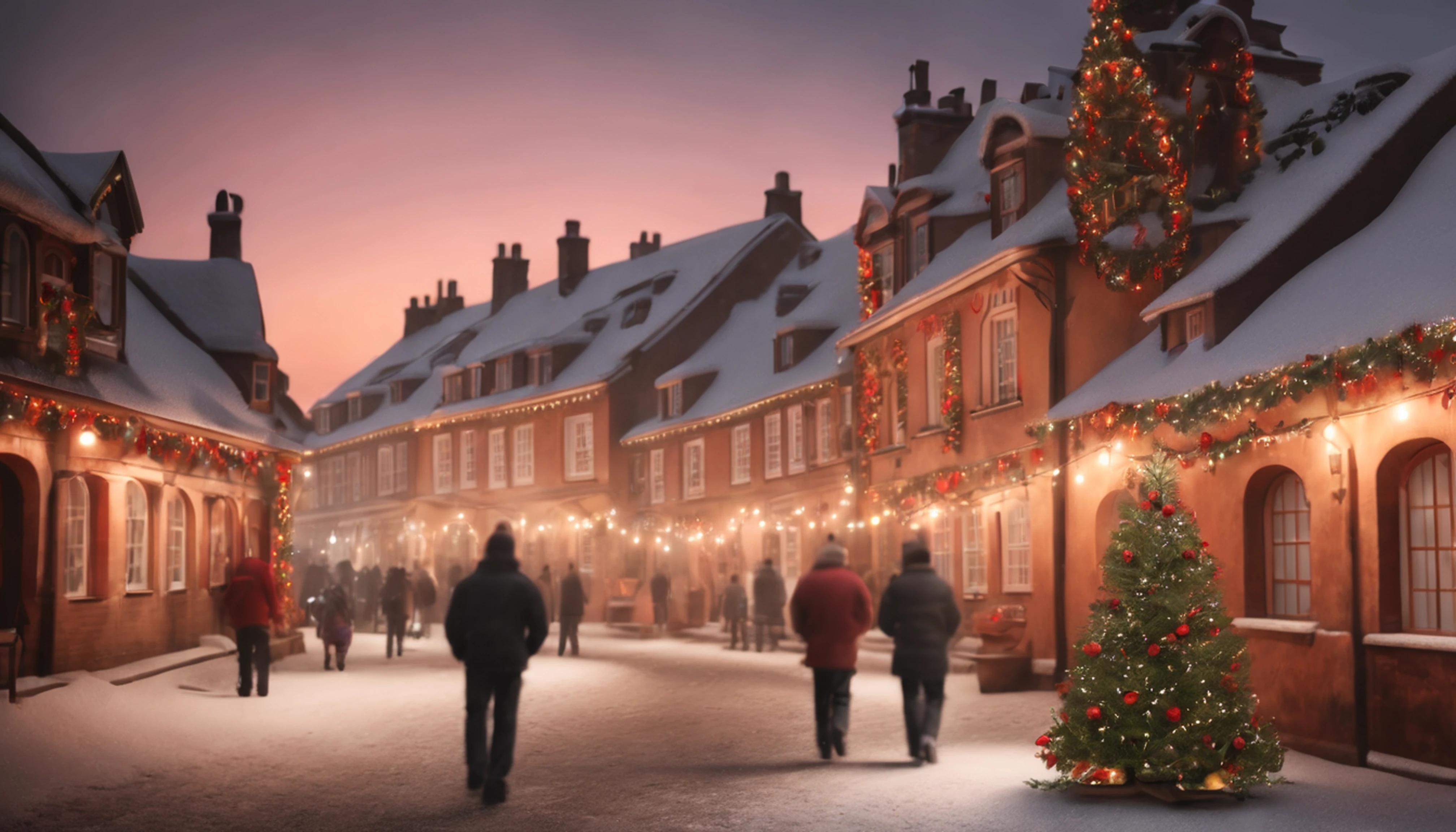 Breathtaking cinematic photo of a real Hyperrealistic christmas landscape photo of a village covered with snow in the ethereal mist,((snow is falling)), (((christmas tree:1.8 in the center: 1.5)))), ((street lanterns: 1.8)), (((people walking on the street))) houses with illuminated windows, smokey chimneys,vivid colors, snowy sky, sunset,pink color gradient to orange color in the sky, extremely high-resolution details, photorealism, realistic lifelike textures, masterpiece, best quality, photograph, intricate details, sharp focus, photography, photorealism, photorealistic, 8k, volumetric light, (intricate details), (hyperdetailed), hdr, high detailed, high quality, soft cinematic light, dramatic atmosphere, atmospheric perspective, ultra realistic, neutral colors, cinematic lighting, sharp focus, wide angle, film grain, dslr, raw photo,