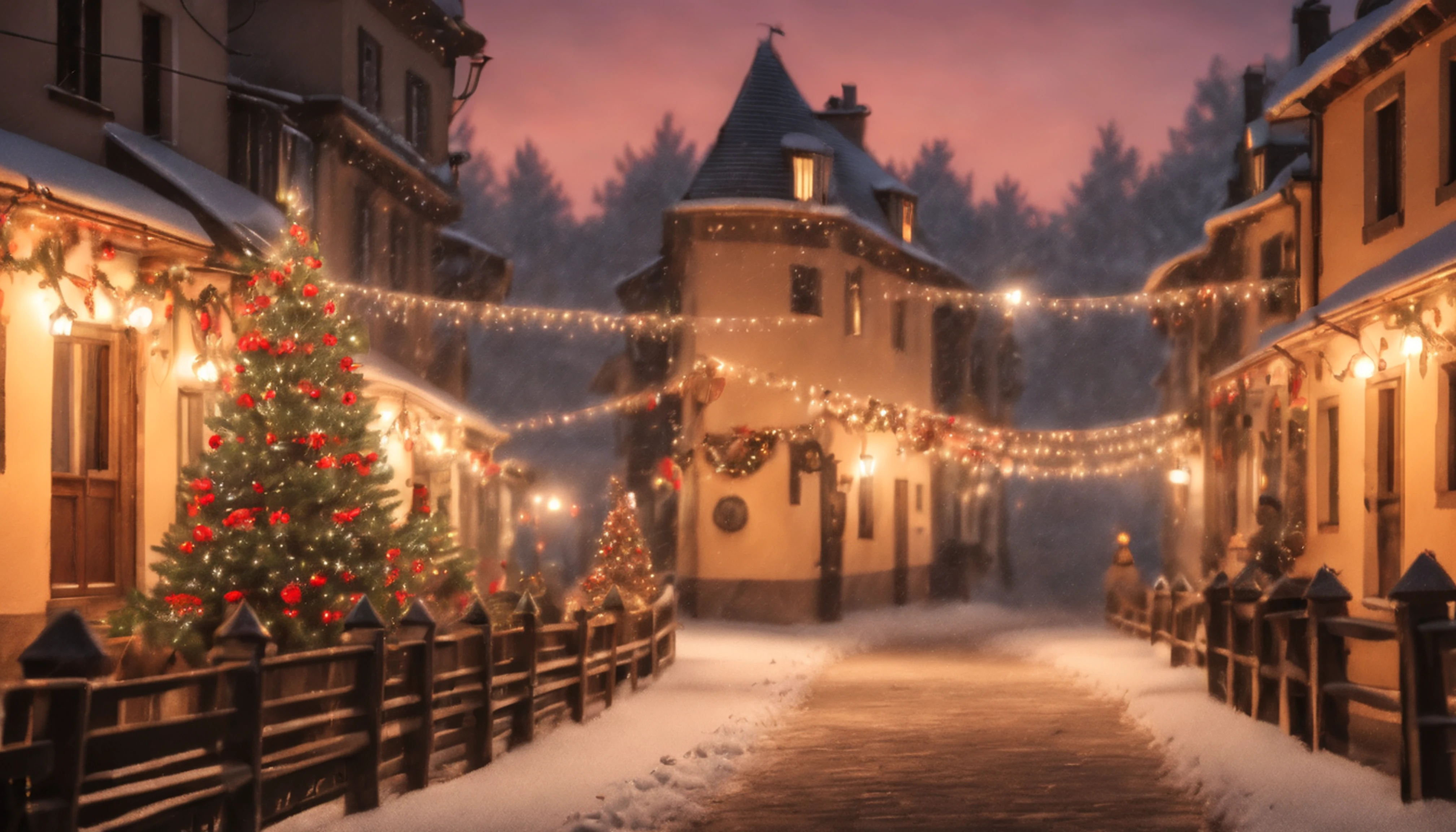 Breathtaking cinematic photo of a real Hyperrealistic christmas landscape photo of a village covered with snow in the ethereal mist,((snow is falling)), (((christmas tree:1.8 in the center: 1.5)))), ((street lanterns: 1.8)), (((people walking on the street))) houses with illuminated windows, smokey chimneys,vivid colors, snowy sky, sunset,pink color gradient to orange color in the sky, extremely high-resolution details, photorealism, realistic lifelike textures, masterpiece, best quality, photograph, intricate details, sharp focus, photography, photorealism, photorealistic, 8k, volumetric light, (intricate details), (hyperdetailed), hdr, high detailed, high quality, soft cinematic light, dramatic atmosphere, atmospheric perspective, ultra realistic, neutral colors, cinematic lighting, sharp focus, wide angle, film grain, dslr, raw photo,