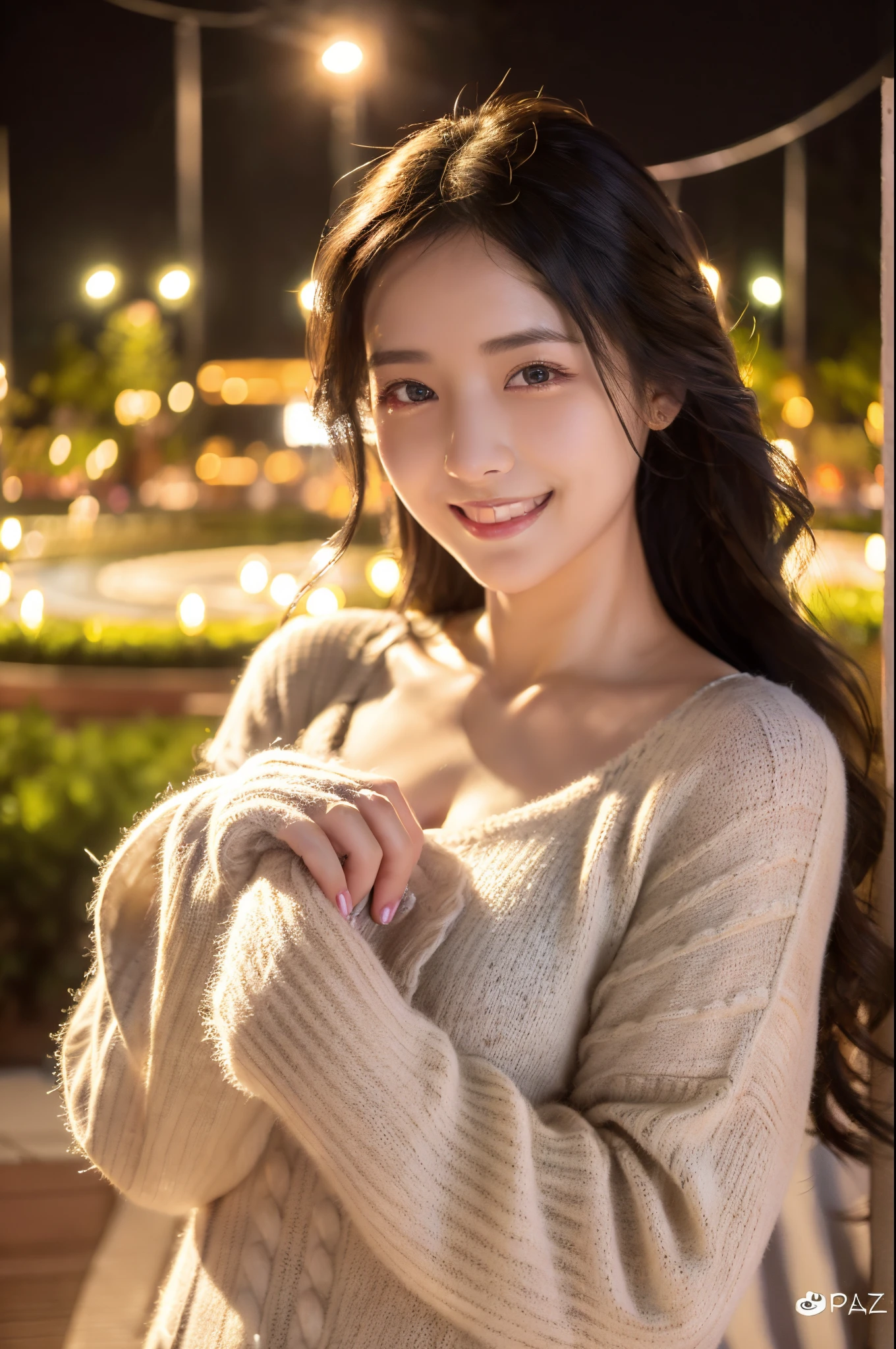 ulzzang -6500-v1.1, (Raw photo:1.2), (Photorealsitic), beautiful detailed women, (Real: 1.4), extremely detailed eye and face, beatiful detailed eyes, ((Beautiful illumination plaza at night:1.5)), (( midwinter sweater:1.3, Ultra-realistic pantyhose:1.2))、selfee、Instagram、game_nffsw, huge filesize, hight resolution, ighly detailed, top-quality, [​masterpiece:1.6], illustratio, ighly detailed, nffsw, finely detail, top-quality, 8k wallpaper, Cinematographic lighting, 1womanl, 25-years old, perfect body type, cute droopy eyes beautiful big eyes、Pieckfinger, ((masutepiece)), Best Quality, 1womanl, eye shadow,  Portrait, ((FULL BODYSHOT:1.4))、(Very affectionate smile:1.2)、realistic skin textures、shinny skin、Exposed thighs!!!