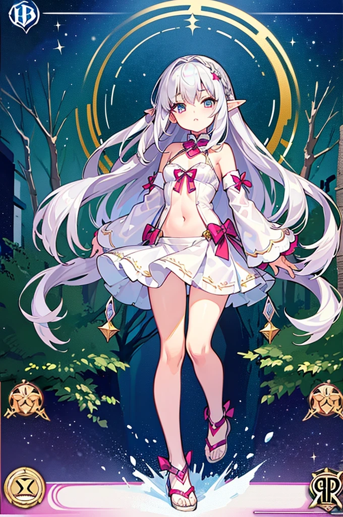 (tmasterpiece), (Best quality), (hyper-detailing), offcial art, one-girl, Silver-haired loli, Petite girl, Elf loli, White transparent robe, small, LOP, cropped shoulders, Lower bust, Side breasts, thighs focus, Navel Out, Card illustration, Fountain deep in the forest