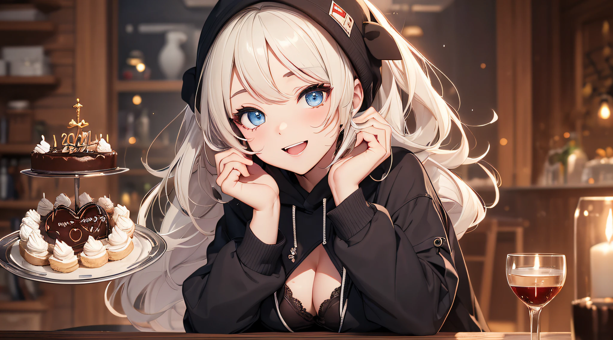 Anime girl with blue eyes sitting at a table with a plate of cake ...