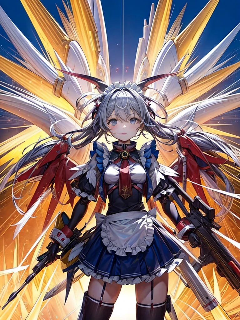 top-quality、ighly detailed、masterpiece、ultra-detailliert、illustratio、((1girl in))、silber hair、length hair、Floating hair、、Cyber City、Neon building、(The upper part of the body:1.05)、extremely_Detailed_Eyes_And_Face,cybernetic wings mechanical wings、Random posture、Skyscraper、、Mechumusume、shrine maiden clothe,maid clothes、Random angles、anime styled,cowboy shot