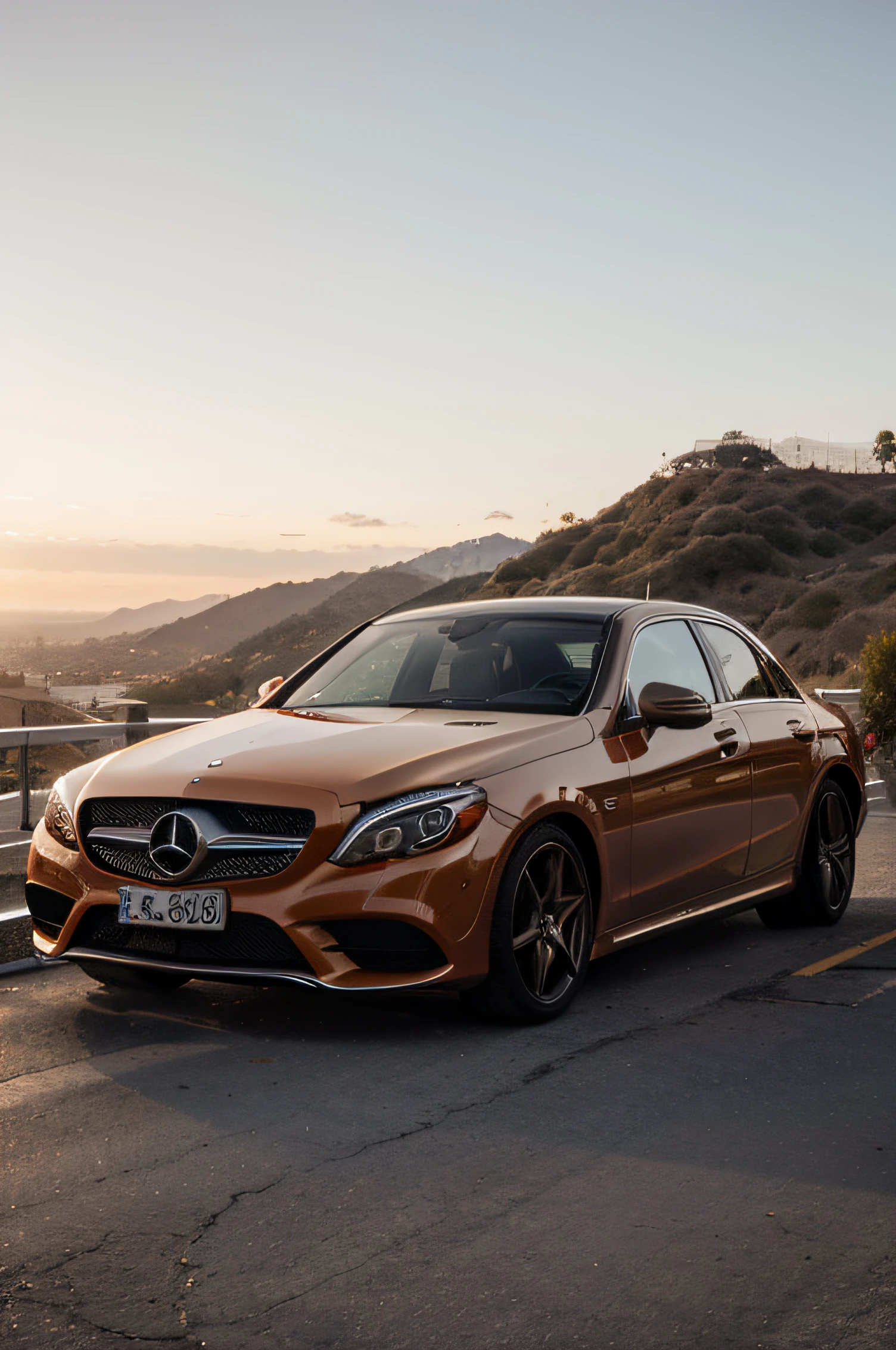 a orange mercedes benz in a hollywood sunset