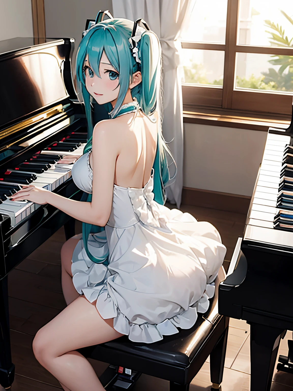 miku hatsune,pure white dress,playing piano,Beautiful breasts