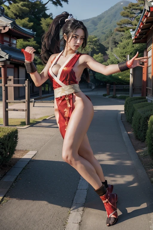 (mai shiranui:1.7), (tabi:2.0), (toe:1.2), (Full body portrait:2.0), Full body, (Realism), (masutepiece:2.0), (Best Quality), (ultra-detailliert), (8K, 4K, Convoluted), (Flat Lighting:1.2), (skinny), Prestige, Brown eyes, Long hair, brown eyes, long hair, brown hair, white ribbon, sleeveless, ponytail, sash, pelvic curtain, arm guards, gloves, tabi, fascinated expression, Sexy eyes, slim, medium breasts, Smile, Cute, view the viewer, Long hair, Close to Japan temple, (breasts focus:1.2), (Realistic:1.2), (Full Shot: 1.2), (85 mm), light Particle, Lighting, (Highly detailed:1.2), (Detailed face:1.2), (gradients), SFV, Colorful, (Detailed eyes:1.2), (Detailed temples of Japan: 1.2),(Detailed background), (Dynamic Angle:1.2), (Dynamic Pose:1.2), (Line of action:1.2), Wide Shot, Daylight, Solo.