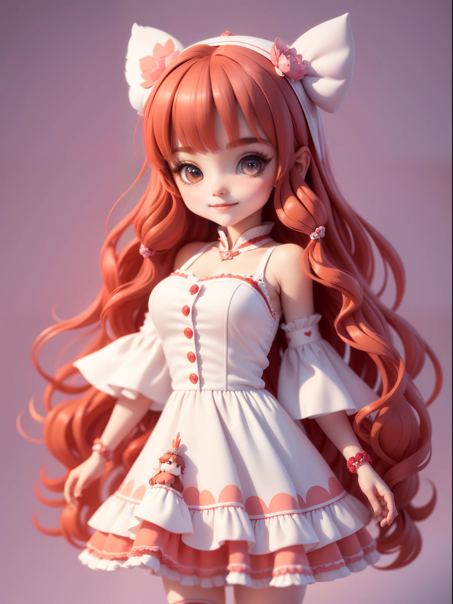 (tmasterpiece), (Best quality at best), (ultra-detailliert), (full bodyesbian: 1.2), 1 girl, tchibi, cute big breasts, ssmile, Colorless background, offcial dress, Be red in the face, : 3, long whitr hair, fuzzy, brunette color hair, Blush Sticker, beautiful  detailed face), (Beautiful and detailed eyes and body,
