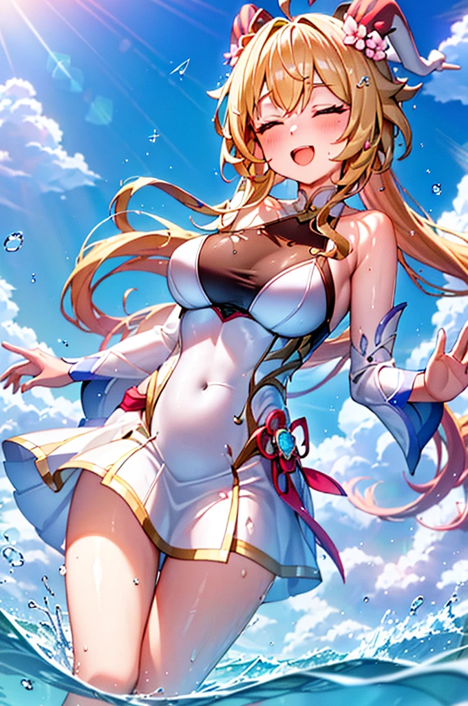 Best quality, tmasterpiece, Incredibly beautiful, very elaborate 8K wallpaper, otherworldly beautiful girl, , (White skin of the), (blonde hair pink gradient hair), Side pony, intermittently, Open your mouth and laugh, Long eyelashes, cosmetics, opening eyes, (zoomout, bigger, BigREAK, 夏天, Beachy, (比基尼), Reflection in the water, (Floating water drops blur foreground), (blue-sky), lens flare glow, (water splash), rays of sunshine,