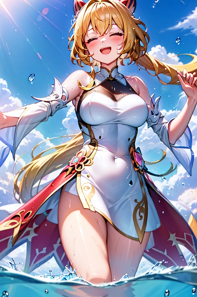 Best quality, tmasterpiece, Incredibly beautiful, very elaborate 8K wallpaper, otherworldly beautiful girl, , (White skin of the), (blonde hair pink gradient hair), Side pony, intermittently, Open your mouth and laugh, Long eyelashes, cosmetics, opening eyes, (zoomout, bigger, BigREAK, 夏天, Beachy, (比基尼), Reflection in the water, (Floating water drops blur foreground), (blue-sky), lens flare glow, (water splash), rays of sunshine,