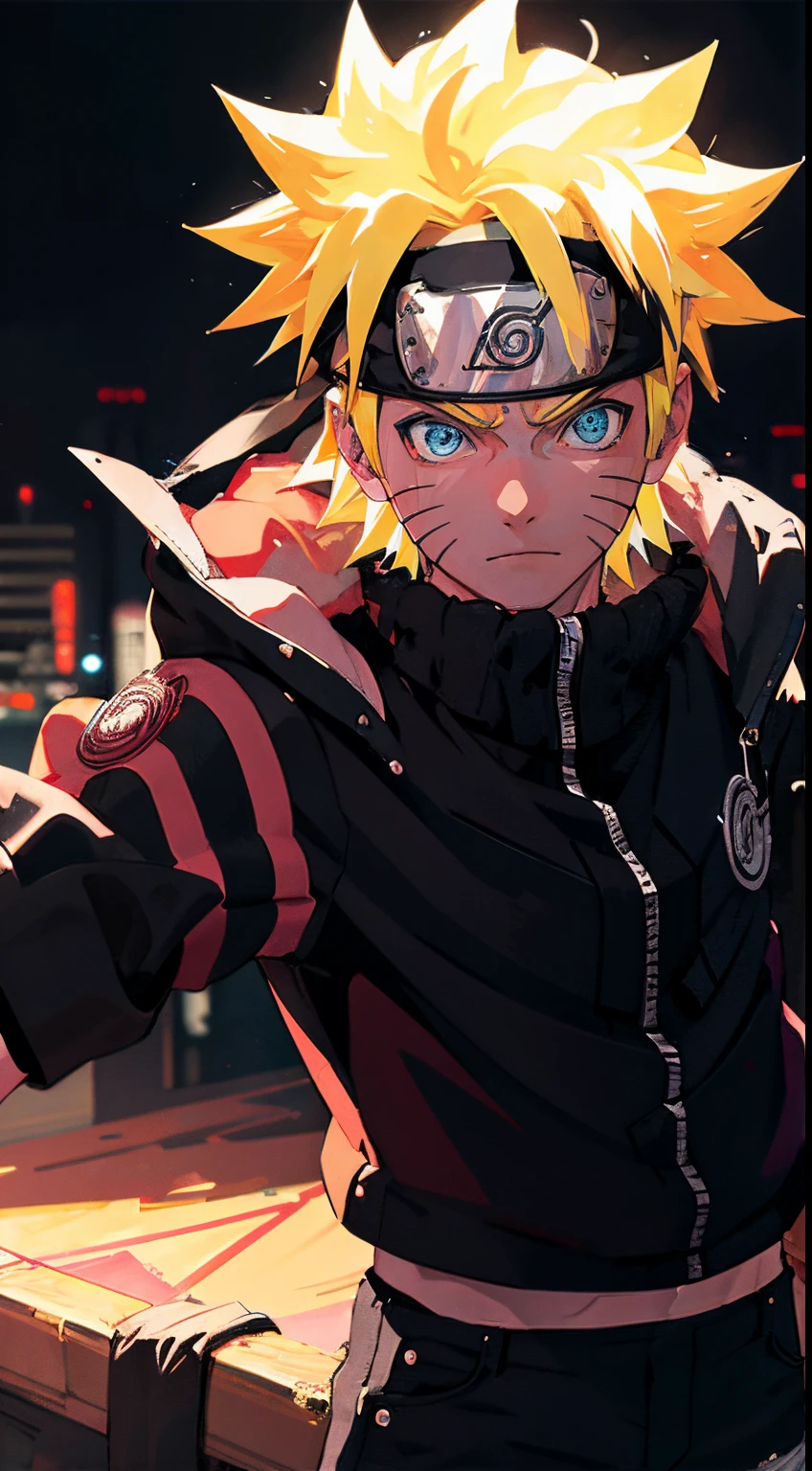 portrait, neon, 1 boy, shonen style, spiky blonde hair, scratches on cheeks, black and red clothing, leather jacket, jeans, boots, bandana with leaf symbol, perfect eyes, cool, blue eyes, full body, color --name Naruto Uzumaki --night background city with futuristic buildings and holograms