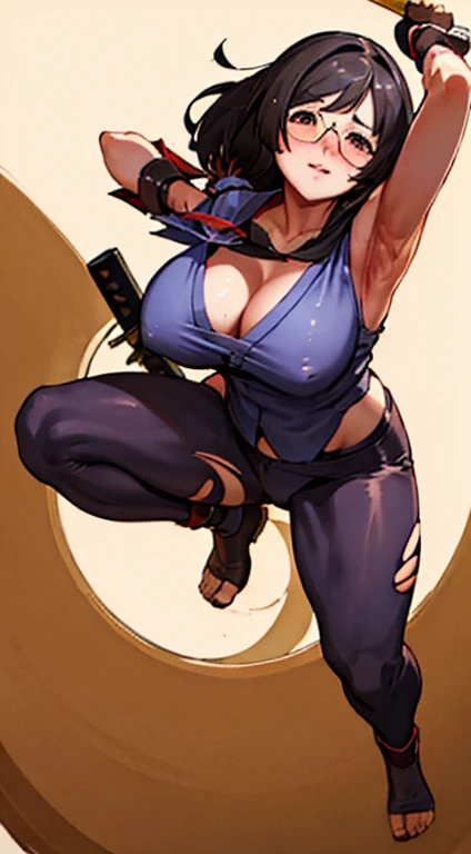 Stema Peace、hanekawa tsubasa、attack of glasses、A dark-haired、large boob、 (Black hair, Brown eyes, Round face),With ribbon, (nose blush, half opened eye),, [Full body shot]、eye glass、Head-to-toe shots、A dark-haired、Kunoichi&#39;My clothes are torn、Holding a dagger in each hand、