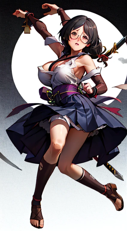 Stema Peace、hanekawa tsubasa、attack of glasses、A dark-haired、large boob、 (Black hair, Brown eyes, Round face),With ribbon, (nose blush, half opened eye),, [Full body shot]、eye glass、Head-to-toe shots、A dark-haired、Kunoichi&#39;My clothes are torn、Holding a dagger in each hand、