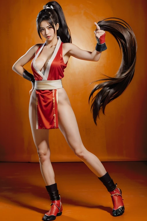 (mai shiranui:1.7), (tabi:2.0), (toe:1.2), (Full body portrait:2.0), Full body, (Realism), (masutepiece:2.0), (Best Quality), (ultra-detailliert), (8K, 4K, Convoluted), (Flat Lighting:1.2), (skinny), Prestige, Brown eyes, Long hair, brown eyes, long hair, brown hair, white ribbon, sleeveless, ponytail, sash, pelvic curtain, arm guards, gloves, tabi, fascinated expression, Sexy eyes, slim, medium breasts, Smile, Cute, view the viewer, Long hair, Close to Japan temple, (breasts focus:1.2), (Realistic:1.2), (Full Shot: 1.2), (85 mm), light Particle, Lighting, (Highly detailed:1.2), (Detailed face:1.2), (gradients), SFV, Colorful, (Detailed eyes:1.2), (Detailed temples of Japan: 1.2),(Detailed background), (Dynamic Angle:1.2), (Dynamic Pose:1.2), (Line of action:1.2), Wide Shot, Daylight, Solo.