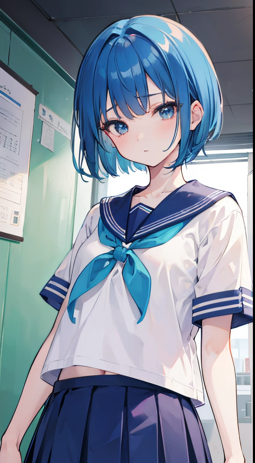 1girl in,teens girl,小柄,small tits,Blue hair,short-haired,straight haired,Okappa,deadpan,Schools,ultrasharp, 8K, masutepiece,a sailor suit,Sateen