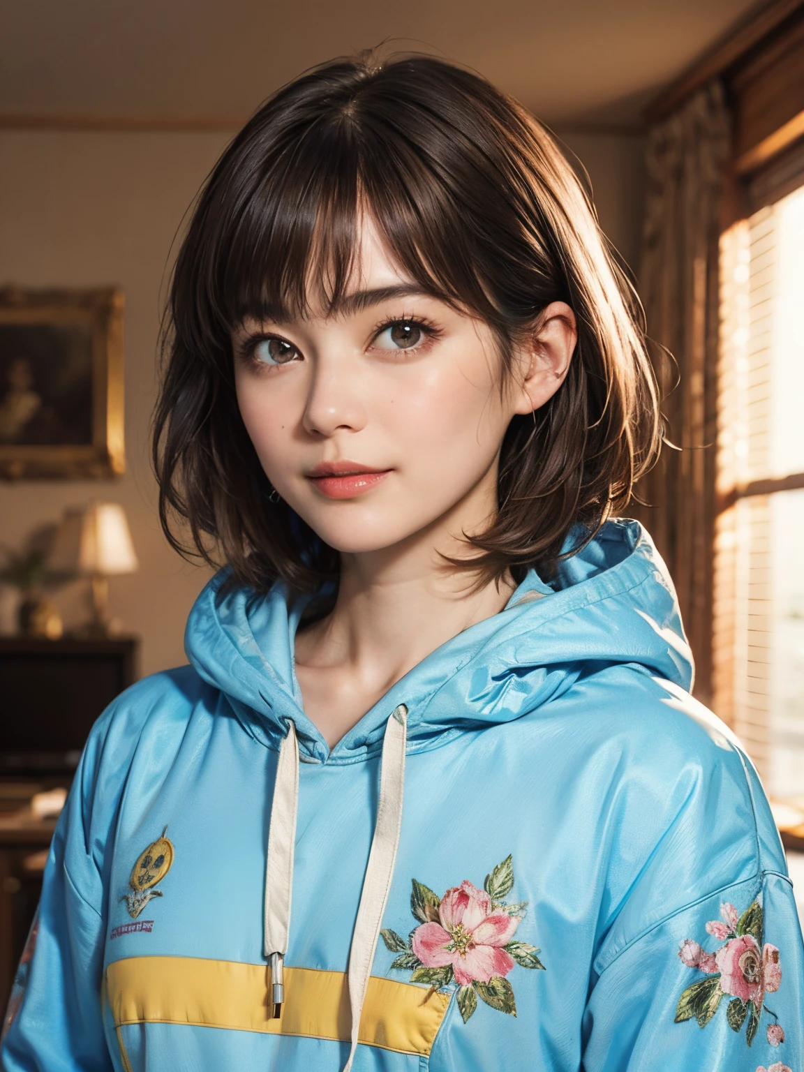 133
(a 20 yo woman,Wearing sportswear), (A hyper-realistic), (high-level image quality), ((beautiful hairstyle 46)), ((short-hair:1.46)), (Gentle smile), (brest:1.46), (lipsticks), (florals), (darkened room), (florals), (wearing hoodies)