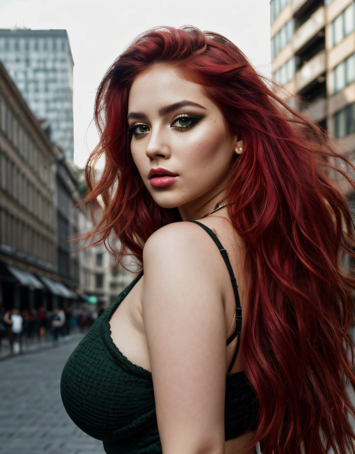 Realistic beautiful girl, full curvy body portrait, long bright red disheveled hair, black eyeshadow, (street style wear:1.2), (city background:1.2), dark makeup, trending on artstation, highly detailed, fine detail, intricate, beautiful detailed glow, detailed, Natural light, highres, detailed facial features,sharp focus, smooth, aesthetic, facing front, green eyes