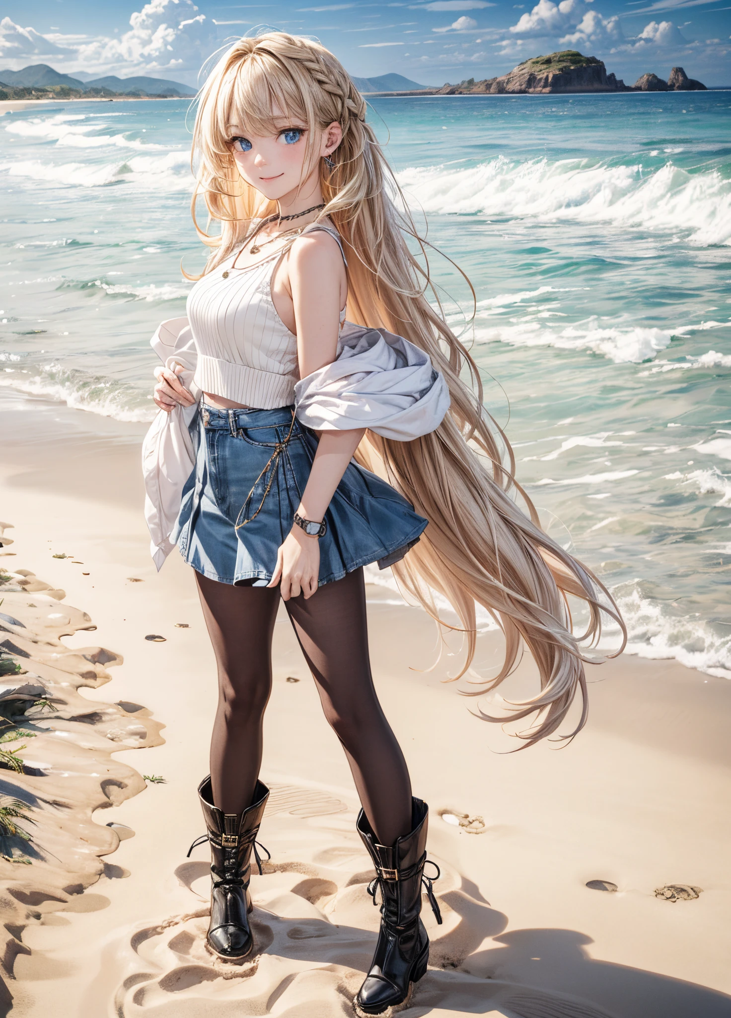 Melody Mark,absurderes, ultra-detailliert,bright colour,(独奏),(From Side:1.2),(Looking at Viewer:1.5) (short twin-tailed blonde hair:1.2),(Hair parted in the middle:1.2),Shiny hair,(White sleeveless knit:1.2),(Black long boots),skirt by the,Delicate beautiful face, red blush、(Deep Blue Eyes:1.4), White skin, hair clips, earrings, a necklace,wrist watch,(A wistful smile:1.3),Beautiful cloud,(Standing on the sandy beach and looking to the side with a sad expression:1.3),look at the sea and the sunset,at the sunset,Waves crashing on the beach,Sunlight,Light falls on the face