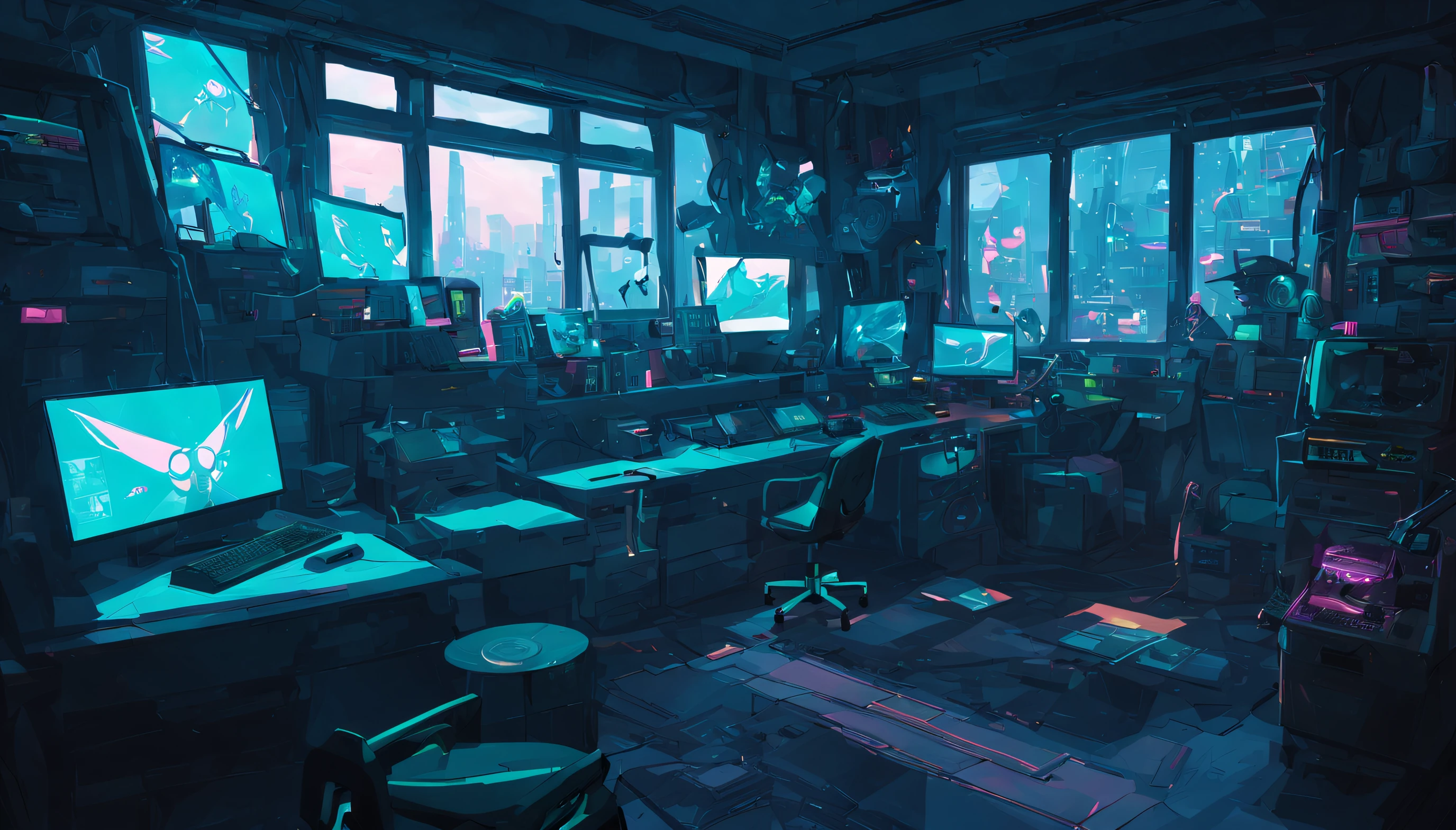 Cyberpunk style cluttered room. more neon. Many machines with unknown uses. Large windows with an open feel. It's sunny outside.　Hatsune Miku is sitting on the chair..