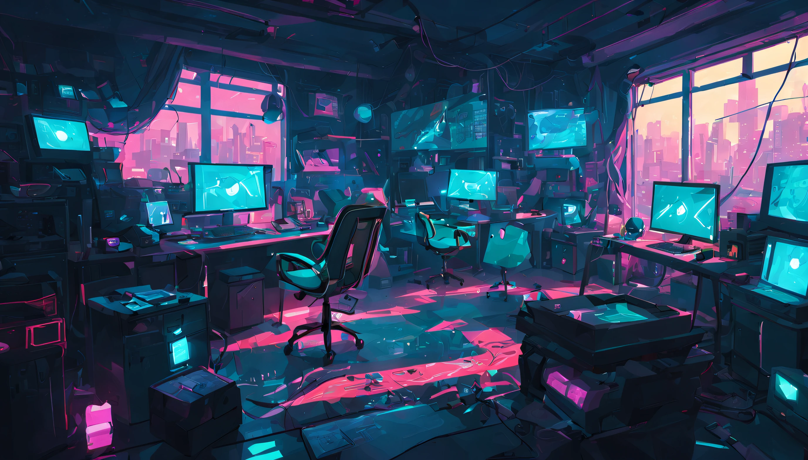 Cyberpunk style cluttered room. more neon. Many machines with unknown uses. Large windows with an open feel. It's sunny outside.　Hatsune Miku is sitting on the chair..