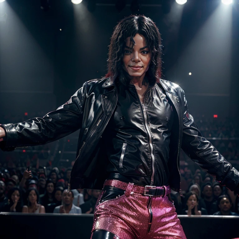 (((Michael Jackson entertainer)))Michael Jackson, full-body zippered red leather jacket, glittering right glove, glittering black pants, black Jordans, dancing on stage, concert scene, very detailed,