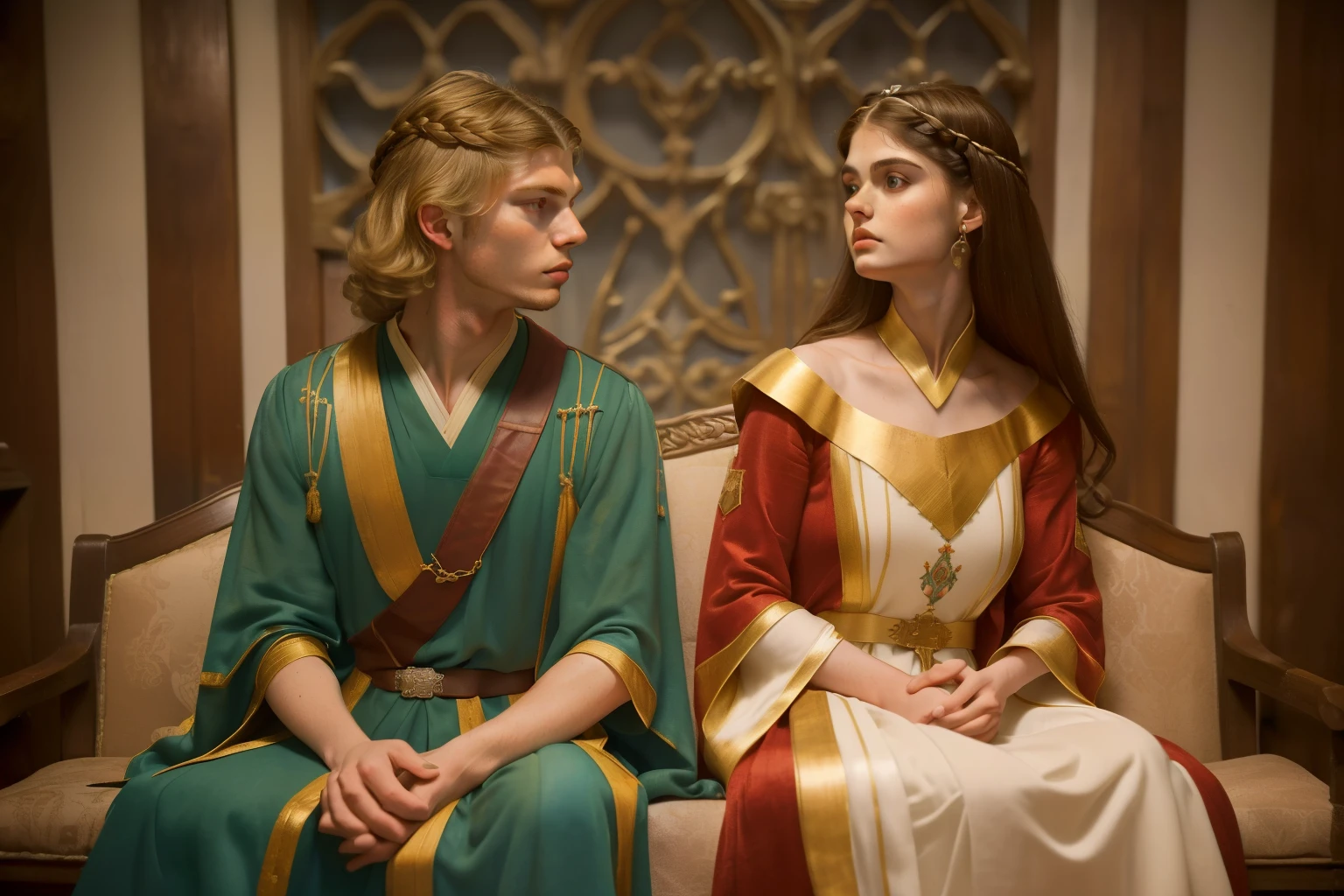 1136, Earlcastle, England. otherworldly scene in a luxurious medieval house, ((((15-year-old)) Alexandra Daddario)), with ((((18-year-old)) Hunter Parrish)), sitting in a bench, arguing, tense, ((((tunic and gown from the 12th century)))), ((Hairstyle of the 12th century)), ((Wes Anderson cinematic style)), colorful
