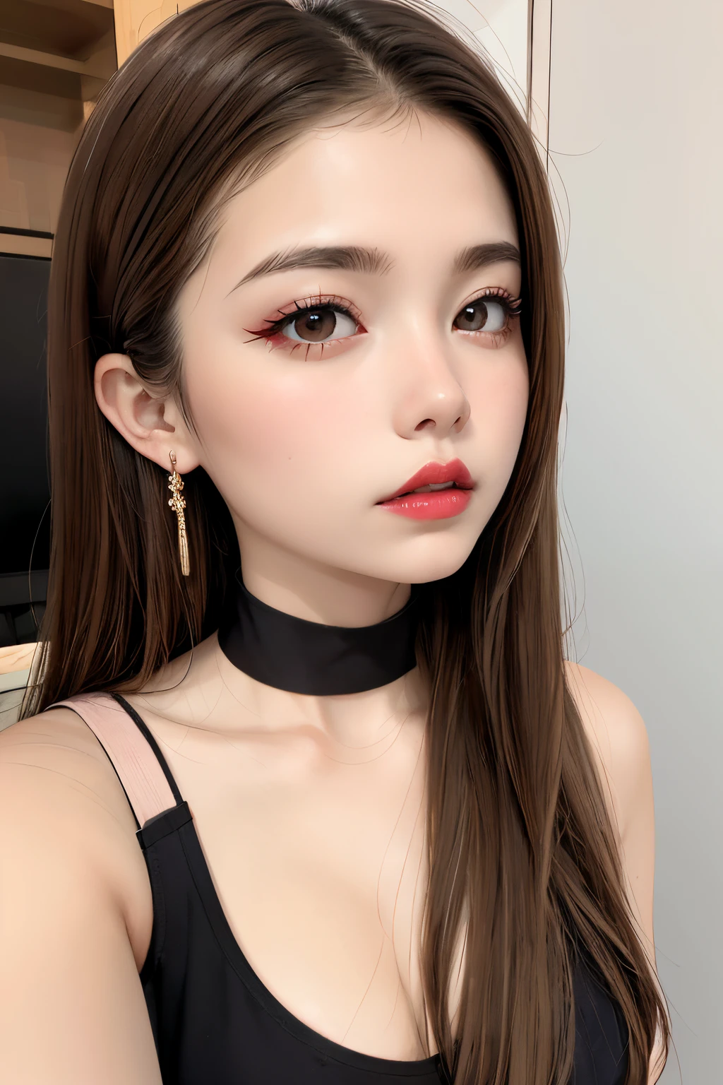 one girls:1.5、Cute baby face、１４age、parfect anatomy、Red Eye Shadow、red lipsticks、slightly pink cheeks、de pele branca、ash blonde、Black Dress、Eight-headed body、small tits、Unique hairstyle、a choker、top-quality、ultra-detailliert、High quality detailing、portlate、masuter piece