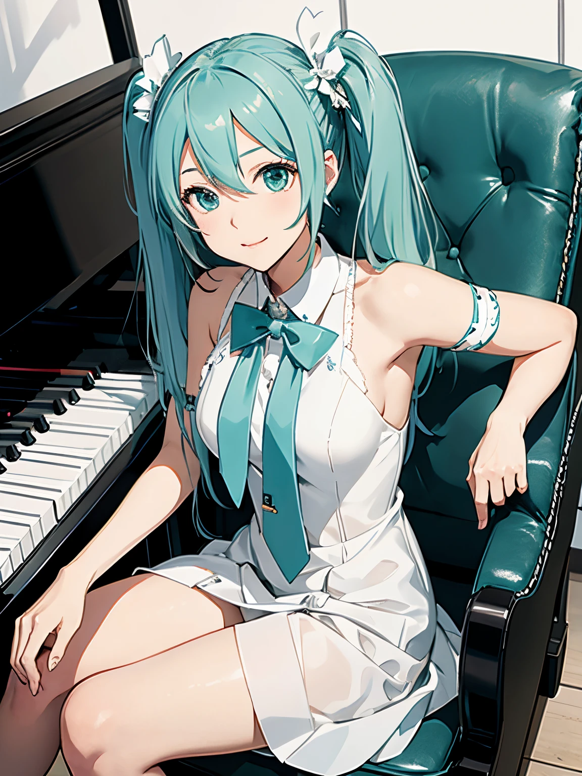 miku hatsune,pure white dress,playing piano,Beautiful breasts,sit a chair