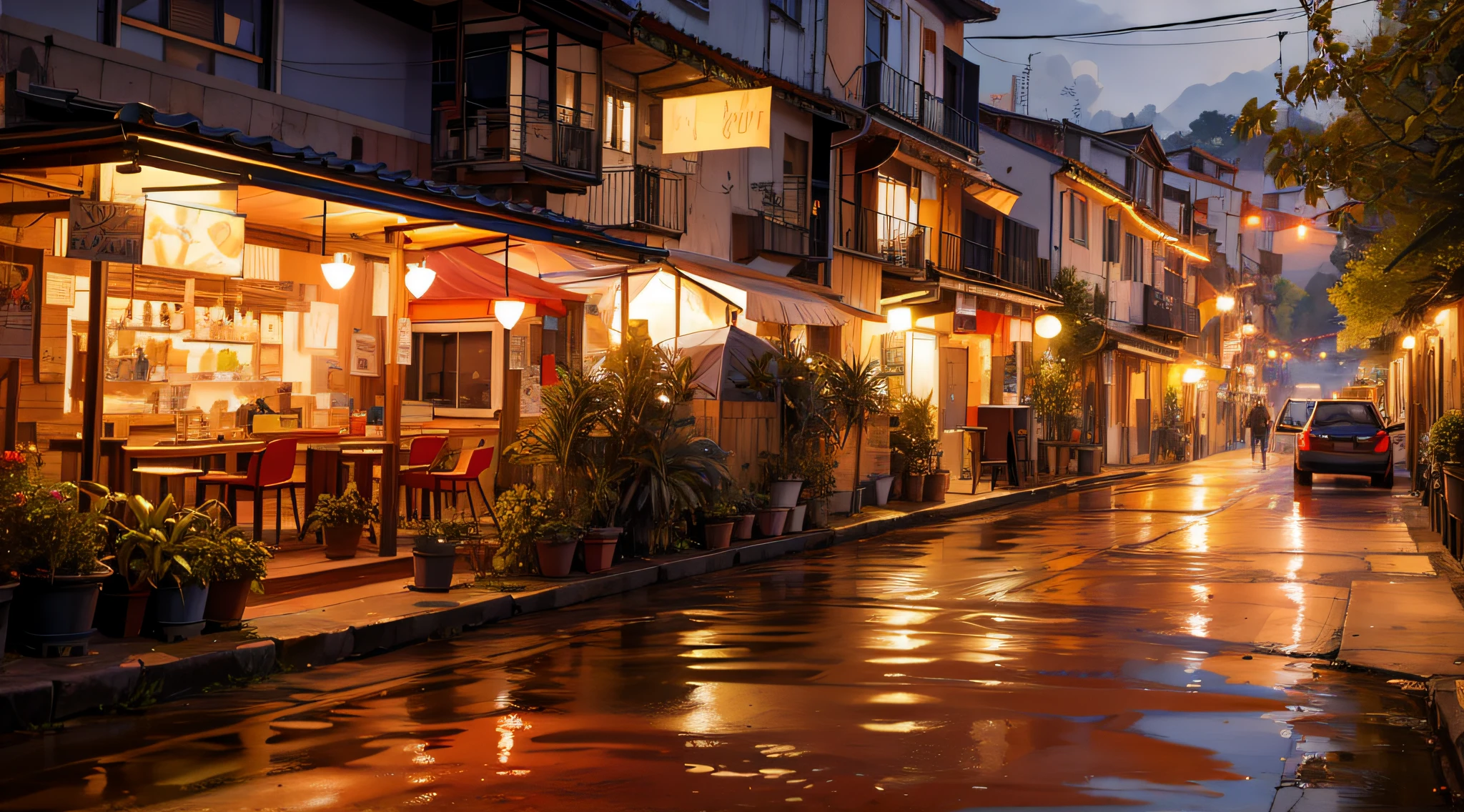 pintura de uma rua de restaurante, bela vista noturna, bela vibe lofi calma,Arbustos,flor, planta, Hora de Ouro,luzes de rua suspensas , Dia chuvoso ,twilights,4K HD |, Cloud, escada,Arte bonita UHD 4K, a beautiful artwork illustration, pintura digital bonita, pintura digital altamente detalhada, bela arte digital, pintura detalhada 4K, pintura digital muito detalhada, ricas cores pitorescas, lindo pintura digital