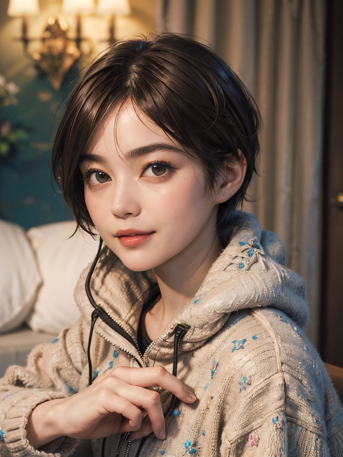 133
(a 20 yo woman,Wearing sportswear), (A hyper-realistic), (high-level image quality), ((beautiful hairstyle 46)), ((short-hair:1.46)), (Gentle smile), (brest:1.46), (lipsticks), (florals), (darkened room), (florals), (wearing hoodies)