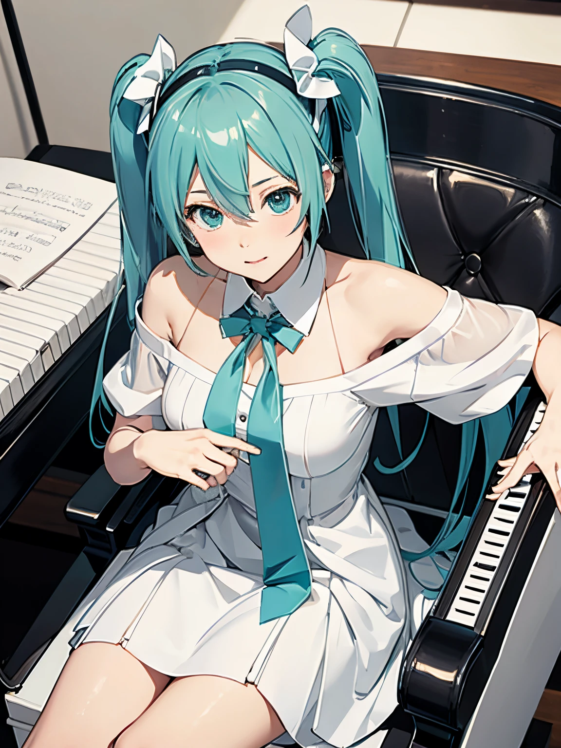 miku hatsune,pure white dress,playing piano,Beautiful breasts,sit a chair