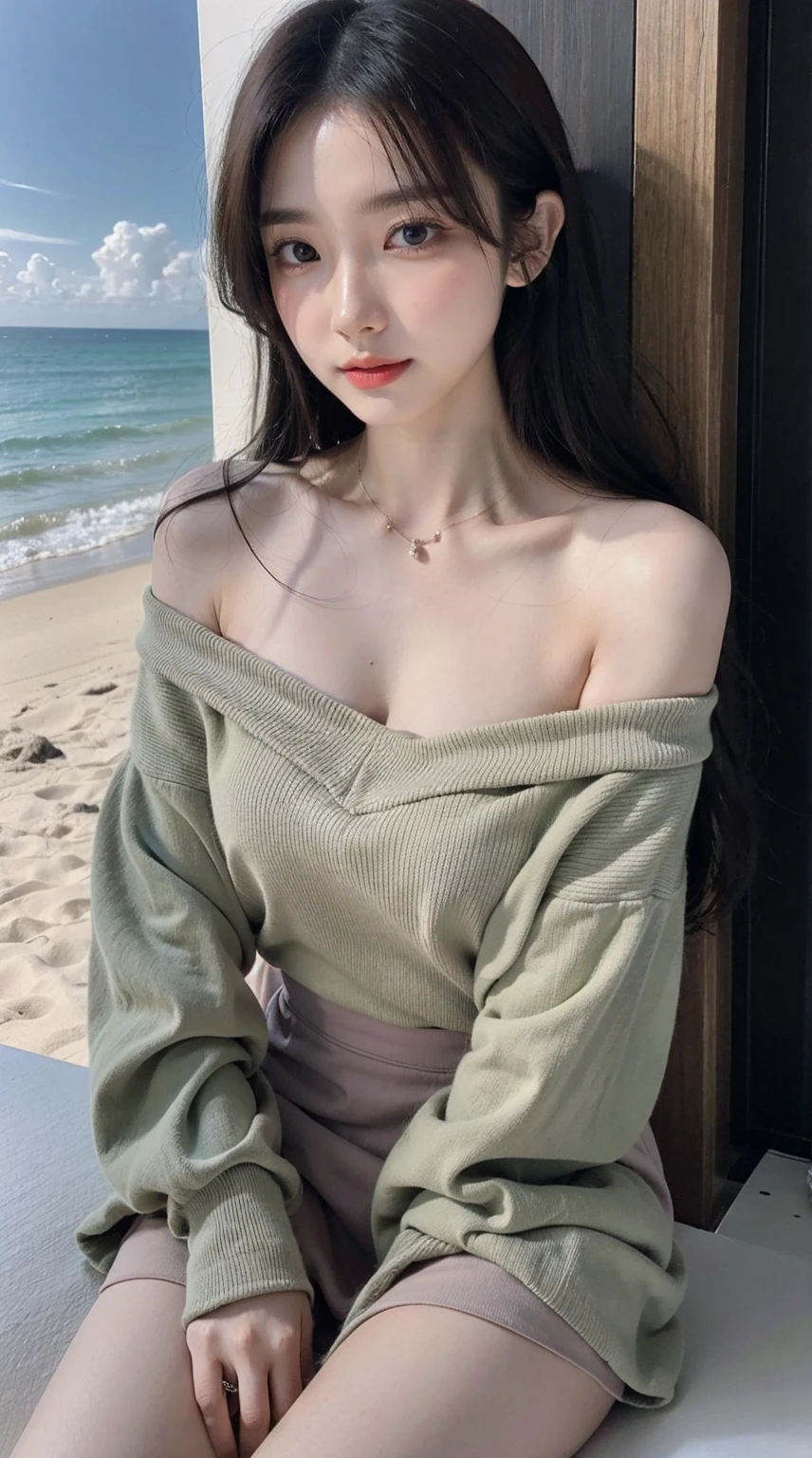 (high-level image quality)、( girl)、(Tight off-the-shoulder full-body knit)、a beauty girl、Idol、Photorealsitic、Open legs、Slimed、small tits、Underwear with see-through