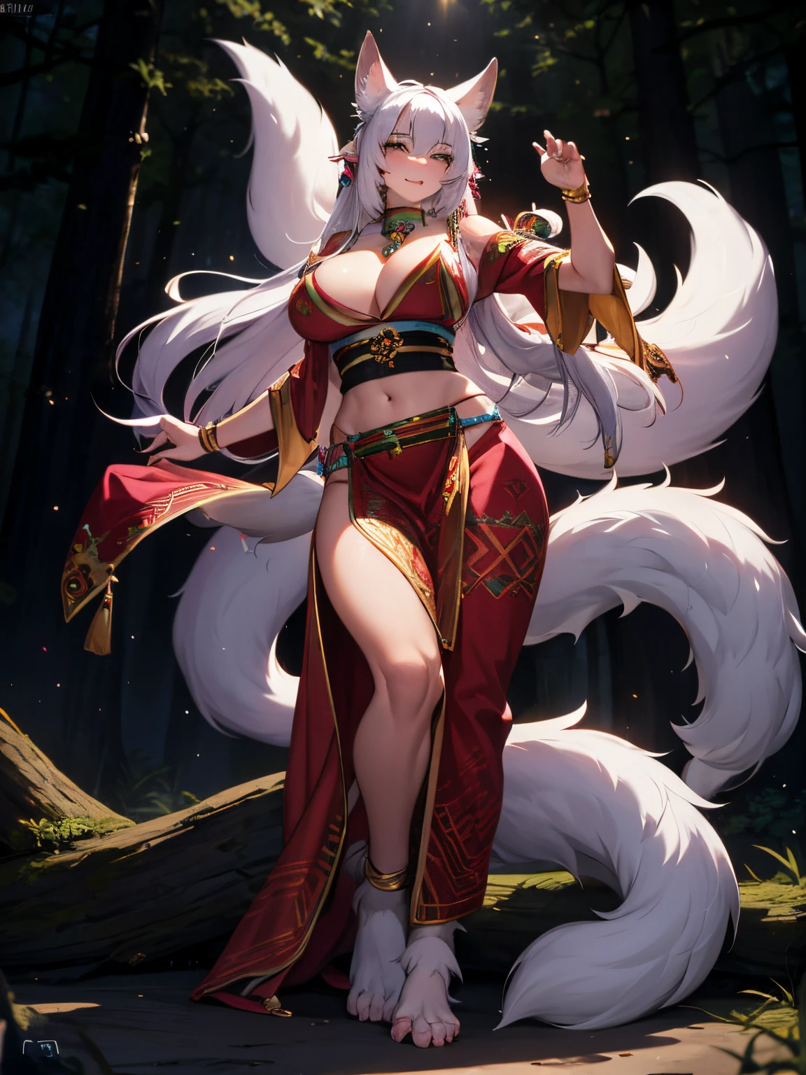 (Best quality),4K,Noble female nine-tailed white fox,furry ears and hands and feet,long leges,The expression is fascinating,Wear tribal clothing,forest backgrou,orc race,Pink Long Hair
