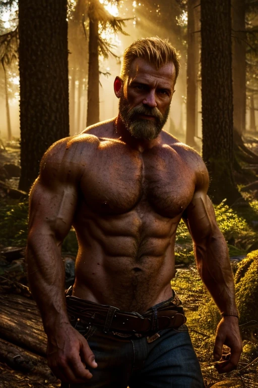 (realistic, high-res),2 men,blond hair,strong built,50 years old,beard, hairy, lumberjacks, pumped chest ,no shirt, oil painting, intense expression, dark background, dramatic lighting, vivid colors, masculine features, realistic hands, open eyes, realistic eyes, forest, nature, sunlight filtering through the trees, shadows, dynamic composition, raw and gritty, authenticity, rugged beauty, atmospheric, textured, compelling, captivating, evocative, cinematic, intense energy, golden hour lighting, sun-kissed, expressive, immersive, larger than life, powerful presence.