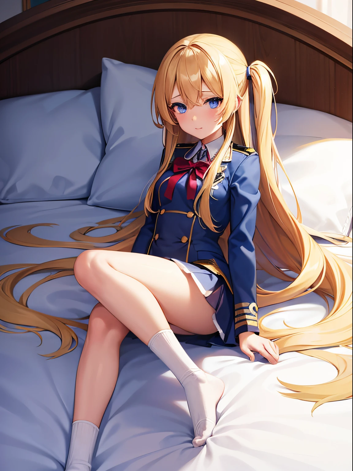 Anime girl with long blonde hair and blue eyes in uniform,kawaii realistic portrait,a bed,Japan school uniform,de pele branca,cg art