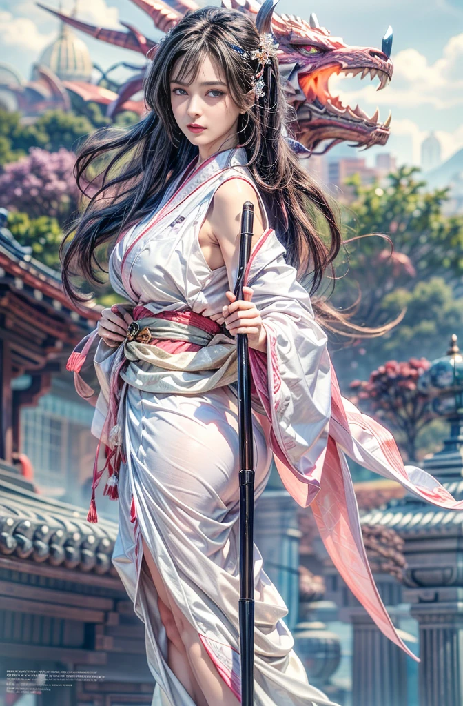 (Photoreal Stick:1.4, masutepiece:1..3, 8K), top-quality, ​masterpiece, 超A high resolution, Perfect dynamic composition, Professional camera work, Grow Light Effect, Mystical portrait, Cinematic Light, Highly detailed skin and facial texture:1.3, The ultra-detailliert, A detailed eye, (riding a dragon, carry a noble long cane), (myterious:1.3, Fanciful:1.2, tradition:1.2, majestueux:1.2), 1girl in, 25-years old, cute and sexy slim goddess, Fair skin, (Calm:0.9, Totally captivates you:1.0), (japanese kimono:1.3, off shoulders), (voluptuous breasts:0.9), (Backshots), (A beautiful Blue eyes, Eyes that feel beautiful eros:0.85), Sexy face:0.4, (A mouthfeel that feels beautiful eros:0.85), ((Too cute beauty:0.9)), Fantastic background, Eliminate unnecessary hands
