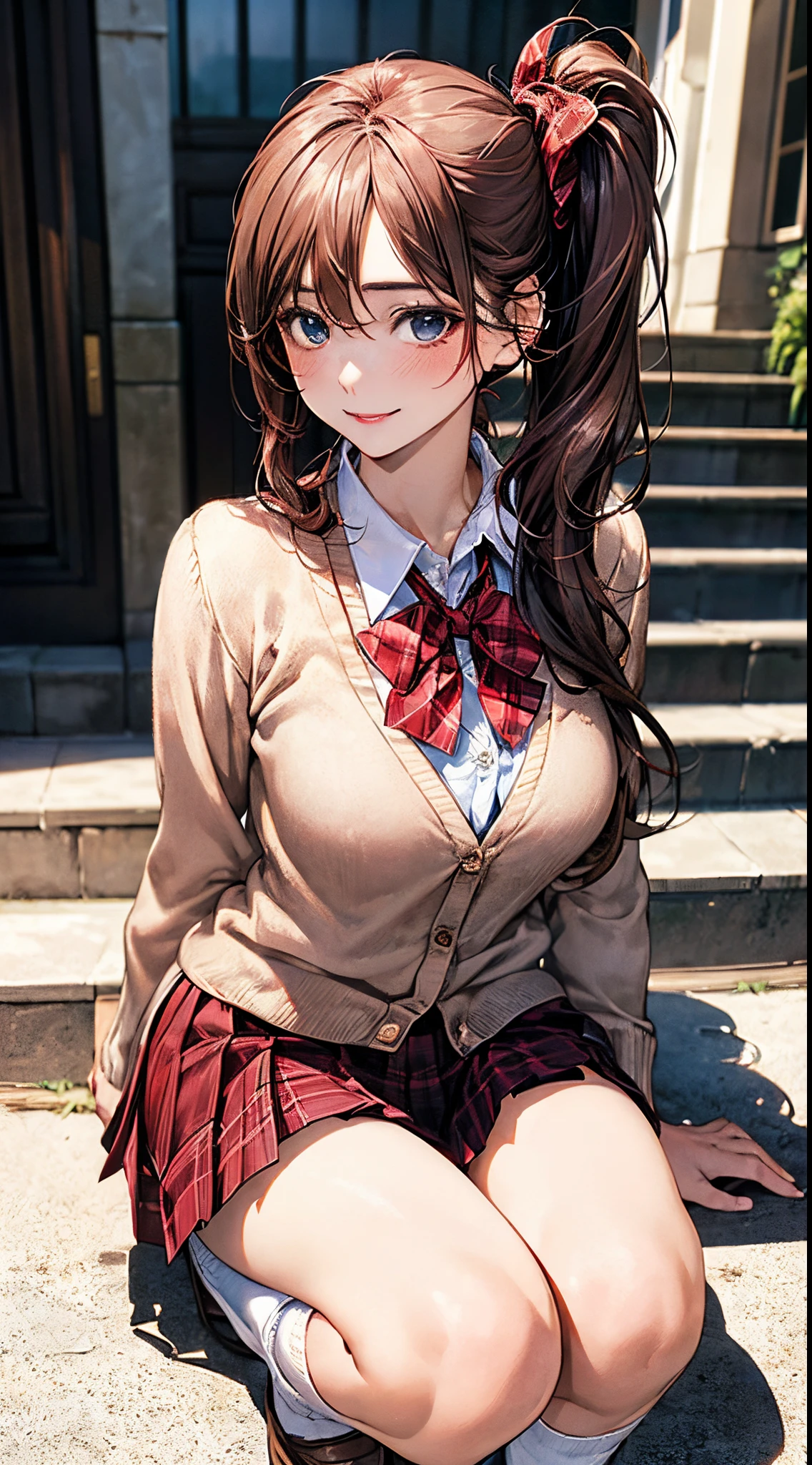 (masterpiece:1.2, top-quality), (realistic, photorealistic:1.4), beautiful illustration, NSFW,
looking at viewer, cowboy shot, front view:0.8,
1 girl, japanese, high school girl, light brown hair, (long hair:1.8), (side ponytail:1.7), bangs, hair between eye, blue eyes, large breasts:0.8, (thick thighs),
beautiful hair, beautiful face, beautiful detailed eyes, beautiful clavicle, beautiful body, beautiful chest, beautiful thigh, beautiful legs, beautiful fingers,
(beautiful scenery), evening, bright and refreshing outdoors, stairs, squatting,
((red blazer, pleated mini skirt, white socks, red private school uniform:1.2, light blown cardigan, red plaid pleated skirt, red plaid bow tie, red plaid hair ribbon)), pink panties,
(swollen), ((seductive posture: 1.2, attractiveness: 1.2)),
(erotic, sexy, upper eyes, smile), shiny skin,
perfect face, cute and symmetrical face, natural side lighting, movie lighting),