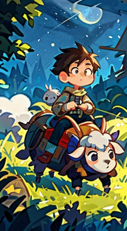 Prairie, a boy riding on the back of a sheep, knight, night, starry, no clothing, sheeps penis, boys penis, boy teaching the lamb about his penis