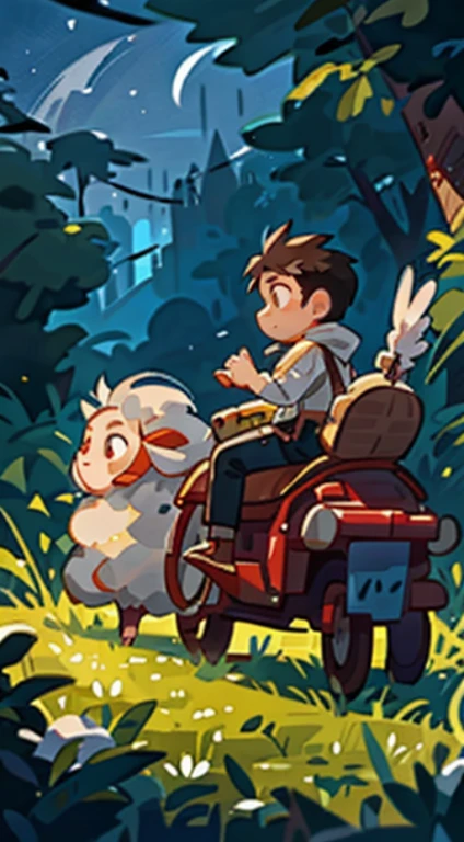 Prairie, a boy riding on the back of a sheep, knight, night, starry