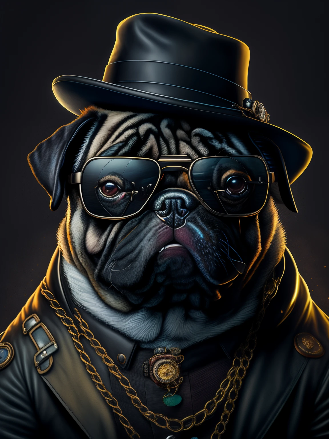 araffe wearing a black leather jacket and a hat and sunglasses, Retrato de um Pug como o Papa, gangster, Directed by: Adam Marczyński, steampunk dog, olhando heckin legal e elegante, Directed by: Nikita Veprikov, Arte digital escura, mas detalhada, stunning digital illustration, retrato ultra detalhado, Epic portrait illustration, retrato de alta qualidade