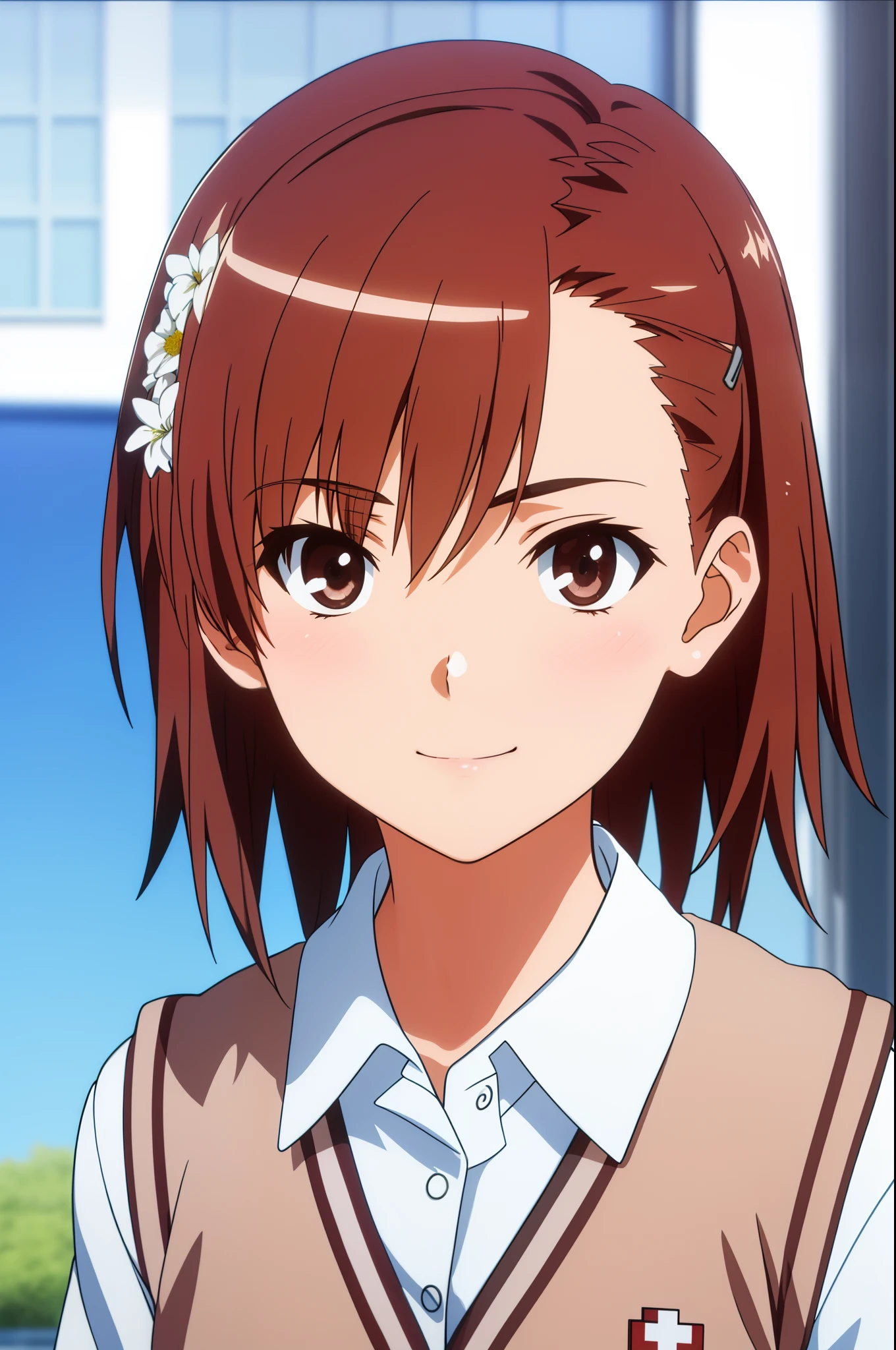 ​masterpiece, top-quality, Misaka_mikoto, Brown-eyed, Short hair, tiny chest, 独奏, Closed mouth, Collared shirt, School uniform, The shirt, White shirt, ‎Classroom, His arms folded, close up of face, (Realistic), (Photorealistic), 1girl in, Smile, Looking at Viewer, Smile, extreme close - up